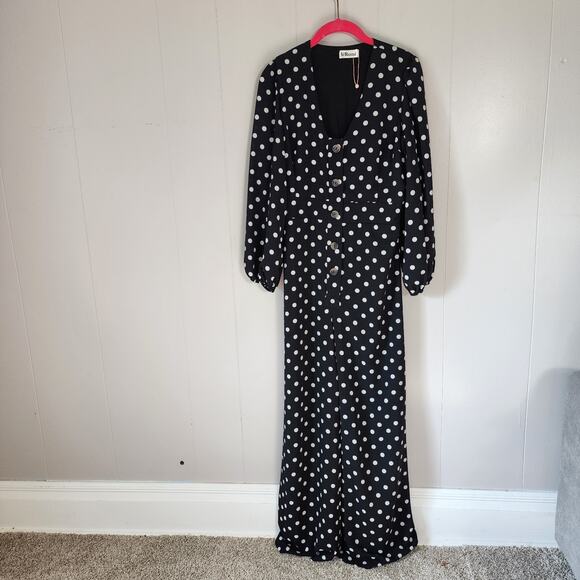 LeRumi Polka Dot Classic Black White Wide Leg Button Up V Neck Jumpsuit S - Picture 1 of 13